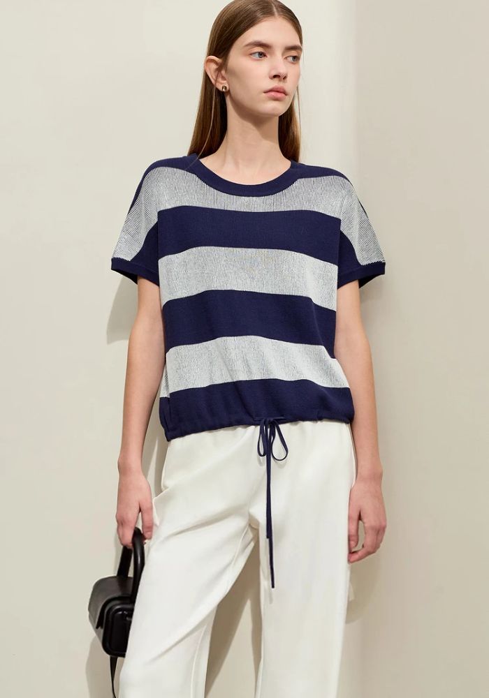 Knit Wide Striped Drawstring Sweater