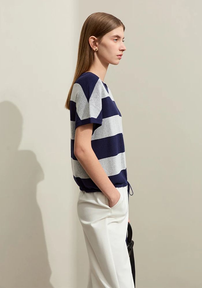 Knit Wide Striped Drawstring Sweater