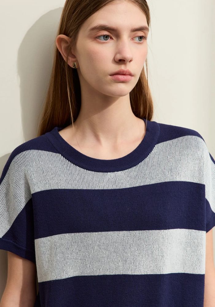 Knit Wide Striped Drawstring Sweater