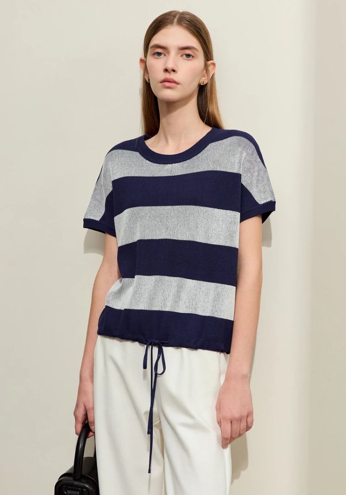 Knit Wide Striped Drawstring Sweater