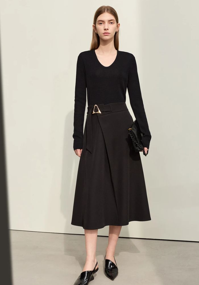 Geometric Buckle Belt A-line Skirt