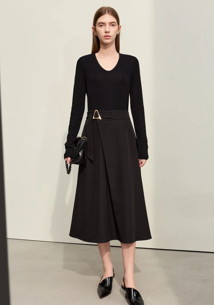 Geometric Buckle Belt A-line Skirt
