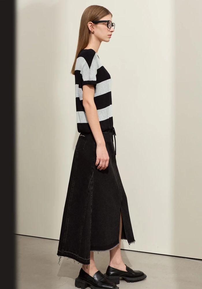 Knit Wide Striped Drawstring Sweater