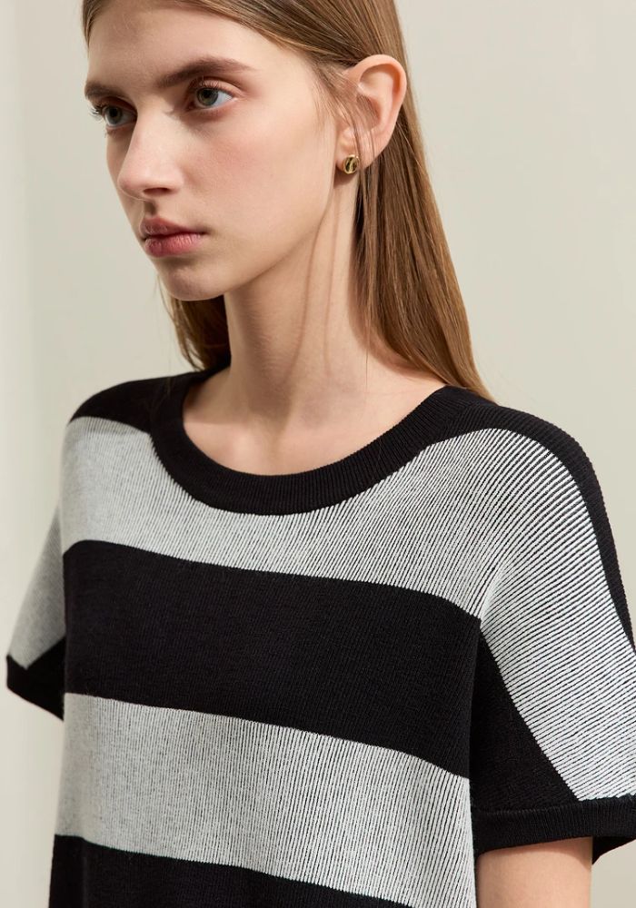 Knit Wide Striped Drawstring Sweater