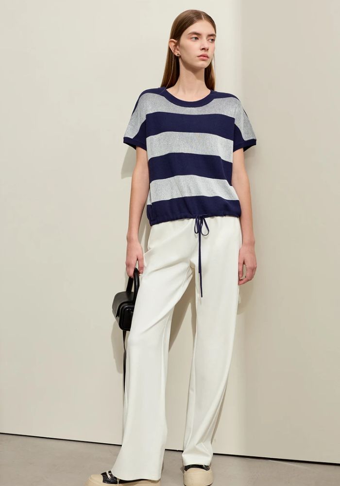 Knit Wide Striped Drawstring Sweater