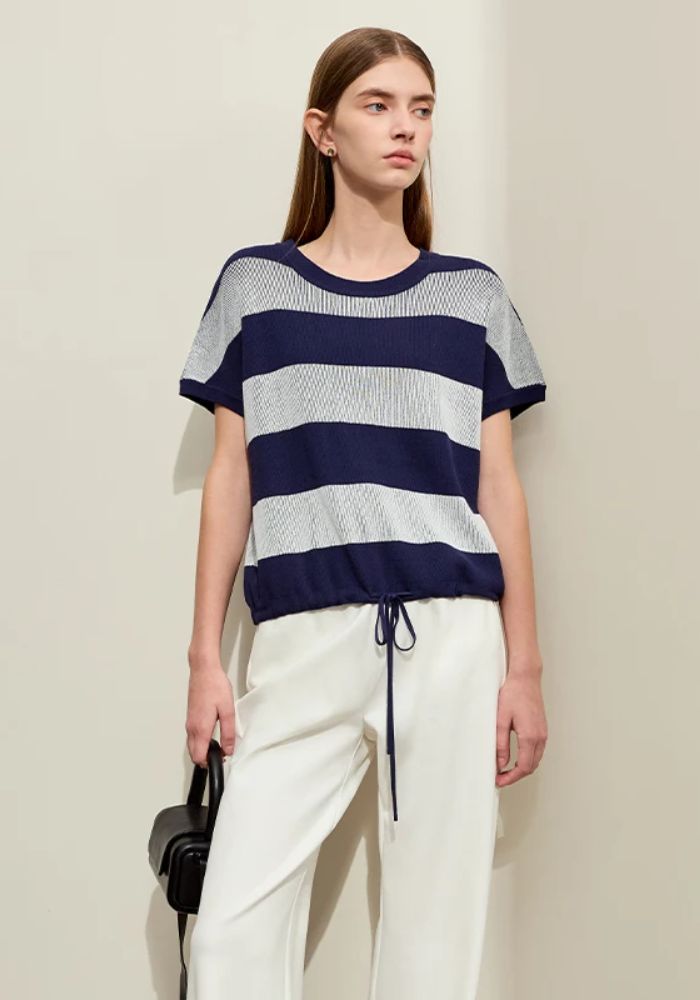 Knit Wide Striped Drawstring Sweater
