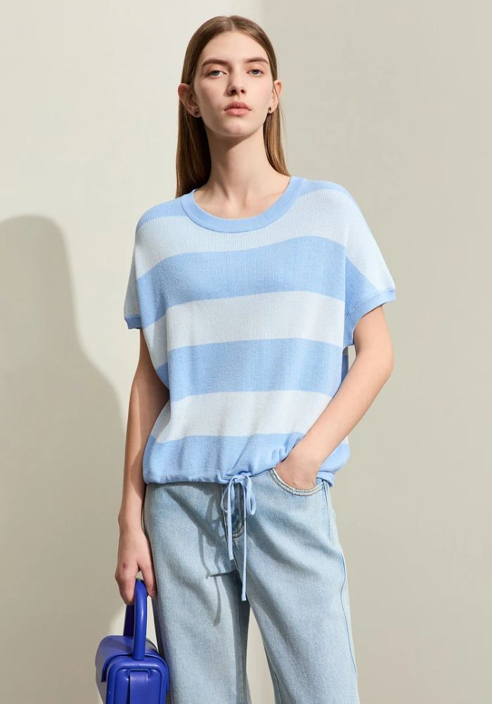 Knit Wide Striped Drawstring Sweater