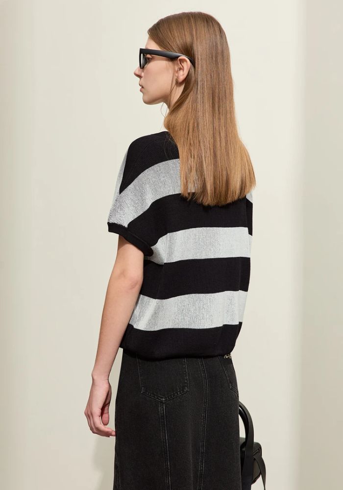 Knit Wide Striped Drawstring Sweater