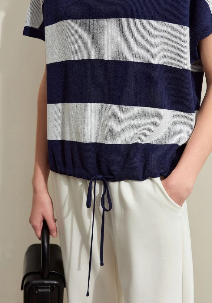 Knit Wide Striped Drawstring Sweater