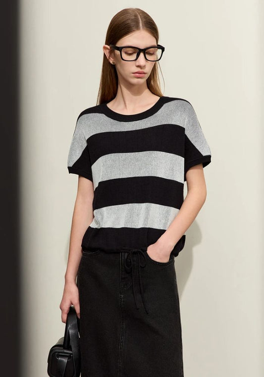Knit Wide Striped Drawstring Sweater