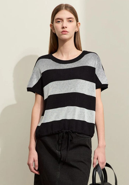 Knit Wide Striped Drawstring Sweater