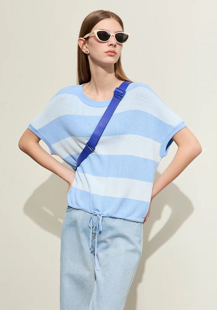 Knit Wide Striped Drawstring Sweater