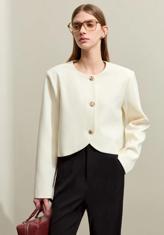 Chambray Round Neck Short Jacket