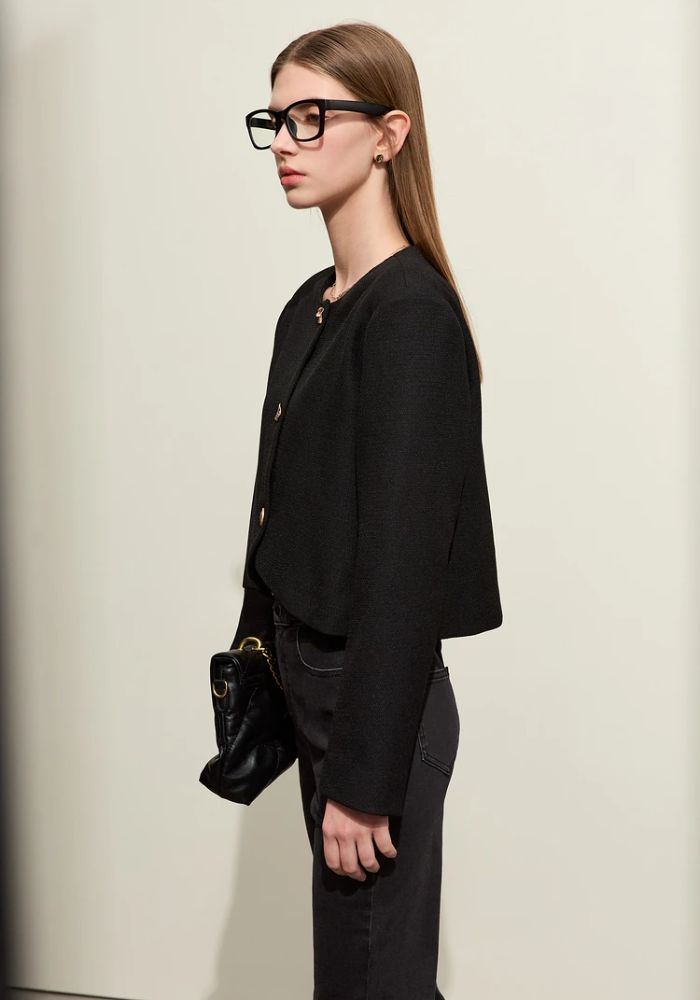 Chambray Round Neck Short Jacket